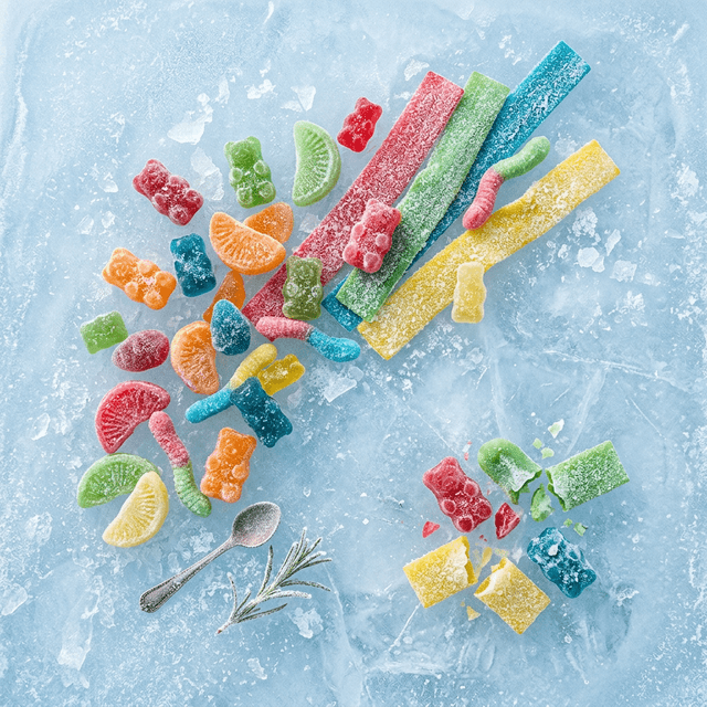 다양한 종류의 얼먹젤리가 얼음 위에 펼쳐진 모습